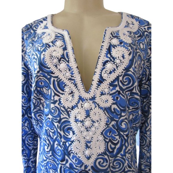 Lilly Pulitzer Julianna Embroidered Beaded Tunic Chasing Tail Blue/White Dress S - Picture 3 of 9